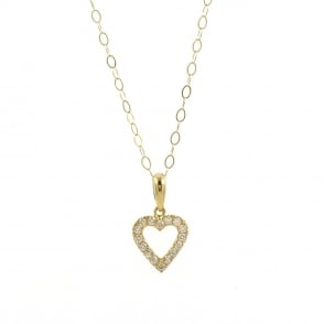 9ct Gold Small Cubic Zirconia Open Heart Pendant and 16'' Trace Chain