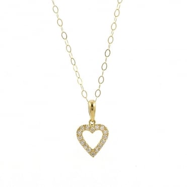 9ct Gold Small Cubic Zirconia Open Heart Pendant and 16'' Trace Chain