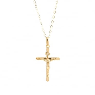 9ct Gold Small Hollow Backed Crucifix Pendant and 16'' Trace Chain