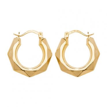 9ct Gold Small Round Hexagonal Creole Hoop Earrings