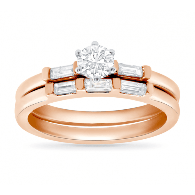 Eternity 9ct Rose Gold Solitaire Diamond Baguette Diamond Shoulders Bridal Set