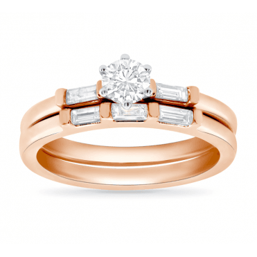 9ct Rose Gold Solitaire Diamond Baguette Diamond Shoulders Bridal Set