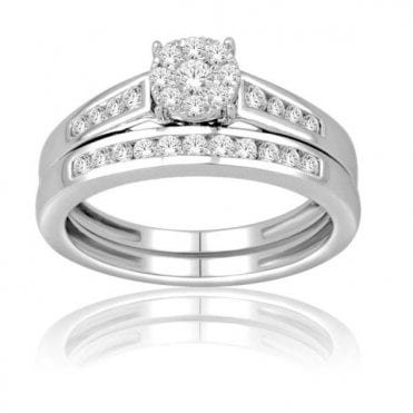 9ct White Gold 1/2 Carat Round Diamond Cluster Bridal Set