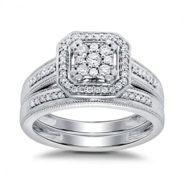9ct White Gold 1/3 Carat Square diamond Cluster Bridal Set