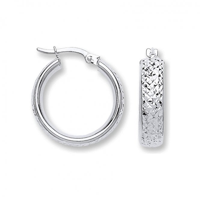 Eternity 9ct White Gold 20mm Broad Diamond Cut Hoop Earrings