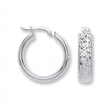 9ct White Gold 20mm Broad Diamond Cut Hoop Earrings