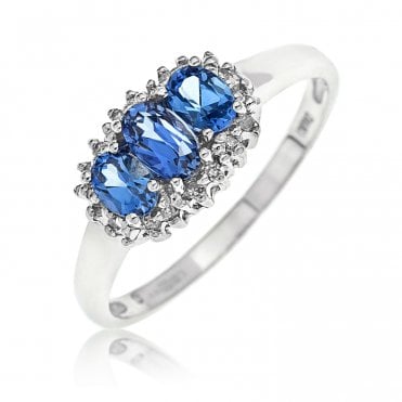 9ct White Gold 3 Tanzanite and Diamond Cluster Ring Size O