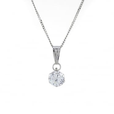 9ct White Gold  5mm Round Cubic Zirconia Pendant and 18'' Curb Chain