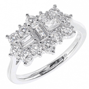 9ct White Gold Baguette and Brilliant Cut 1.00 Carat Diamond Cluster Ring