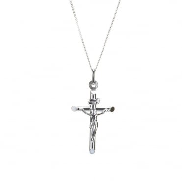9ct White Gold Crucifix Pendant and 18'' Curb Chain