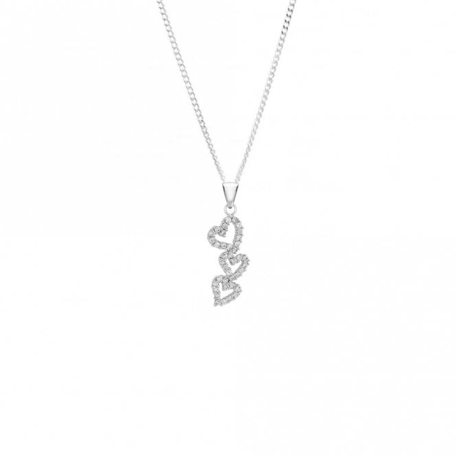 Eternity 9ct White Gold Cubic Zirconia 3 Open Heart Drop Pendant and 18'' Curb Chain