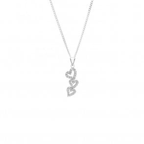 9ct White Gold Cubic Zirconia 3 Open Heart Drop Pendant and 18'' Curb Chain