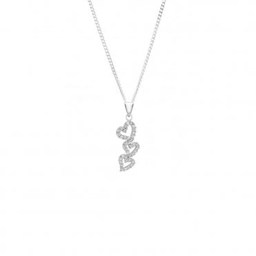 9ct White Gold Cubic Zirconia 3 Open Heart Drop Pendant and 18'' Curb Chain