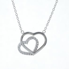 9ct White Gold Cubic Zirconia Double Heart Pendant and 18'' Curb Chain