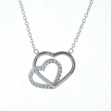 9ct White Gold Cubic Zirconia Double Heart Pendant and 18'' Curb Chain