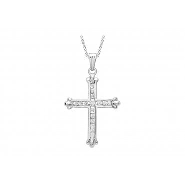 9ct White Gold Cubic Zirconia Set Cross Pendant and 18'' Curb Chain