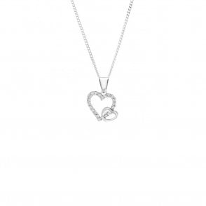 9ct White Gold Cubic Zirconia Set Double Heart Pendant and 18'' Curb Chain