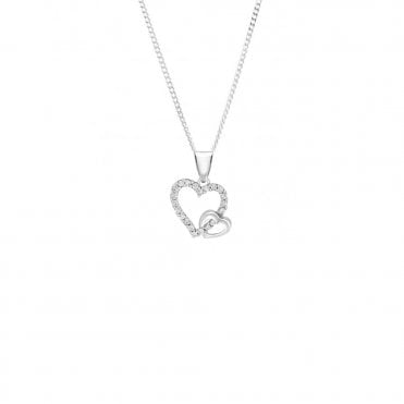 9ct White Gold Cubic Zirconia Set Double Heart Pendant and 18'' Curb Chain