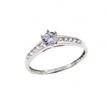 9ct White Gold Cubic Zirconia Solitaire and Shoulder Ring Size L