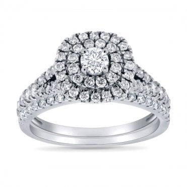 9ct White Gold Cushion Diamond Halo Starburst Bridal Set