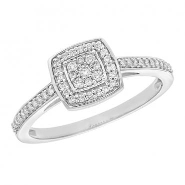 9ct White Gold Cushion Shape Diamond Starburst Ring Set With Diamond Shoulders