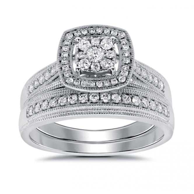 Eternity 9ct White Gold Cushion Starburst Diamond Beaded Edge Bridal Set