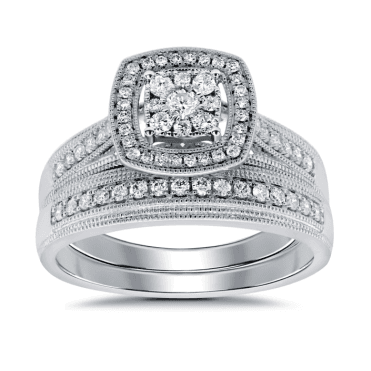9ct White Gold Cushion Starburst Diamond Beaded Edge Bridal Set