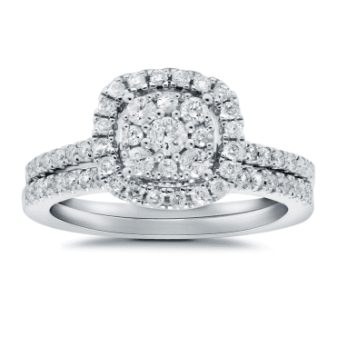 9ct White Gold Cushion Starburst Diamond Bridal Set