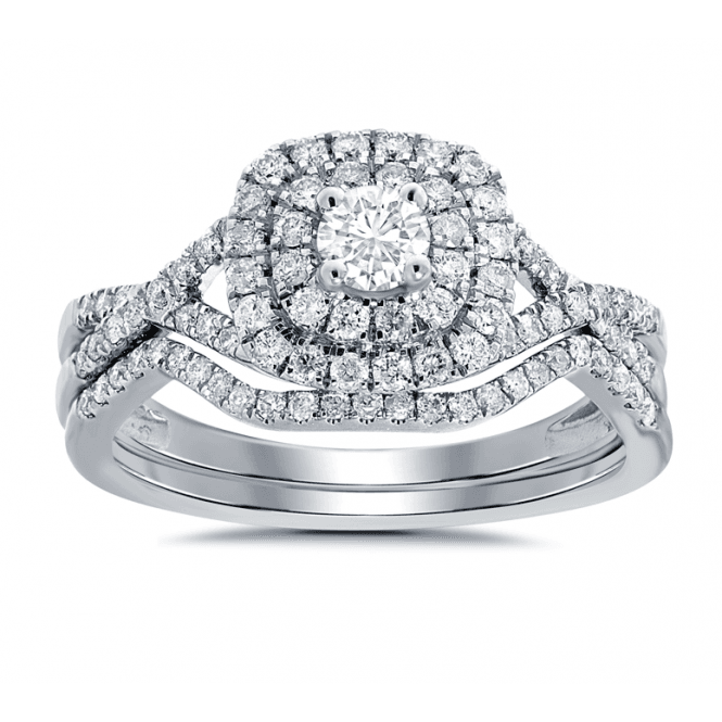 Eternity 9ct White Gold Cushion Starburst Diamond Ring X/O Shoulders Bridal Set