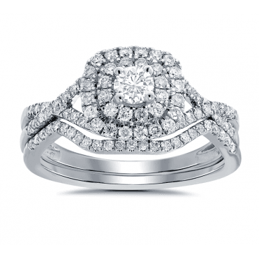 9ct White Gold Cushion Starburst Diamond Ring X/O Shoulders Bridal Set