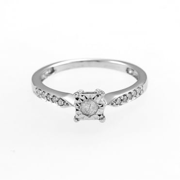 9ct White Gold Diamond Solitaire and Diamond Shoulders Ring