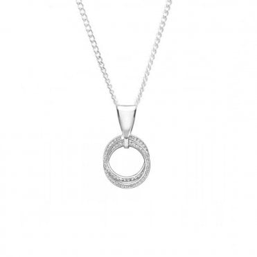 9ct White Gold Double Cubic Zirconia Circle Pendant and Chain