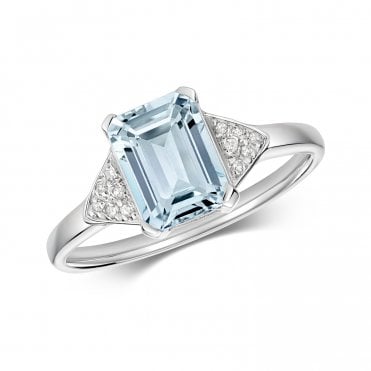 9ct White Gold Emerald Cut Aquamarine and Diamond Ring