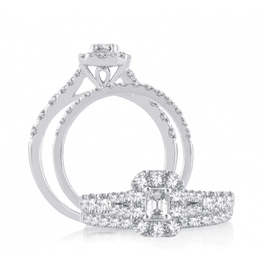 9ct White Gold Emerald Cut Diamond Starburst Bridal Set