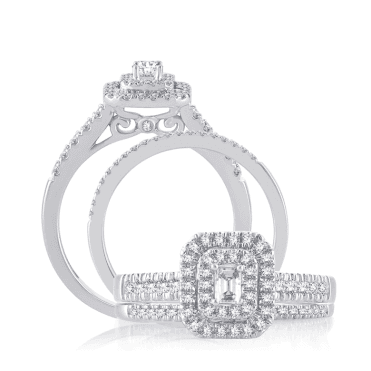 9ct White Gold Emerald Cut Diamond Starbust Bridal Set