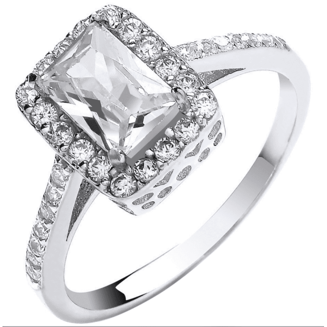 Eternity 9ct White Gold Ladies Emerald Cut Cubic Zirconia Halo Ring L