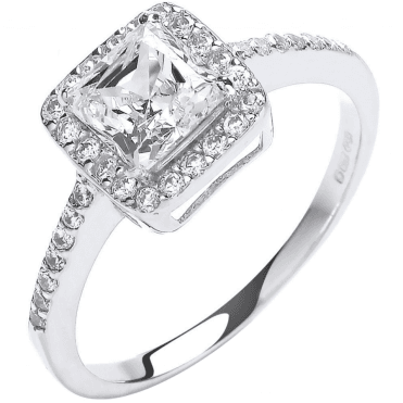 9ct White Gold Ladies Princess Cut Cubic Zirconia Halo Ring Size K