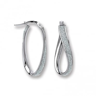 9ct White Gold Oval Moondust Twist Creole Hoop Earrings
