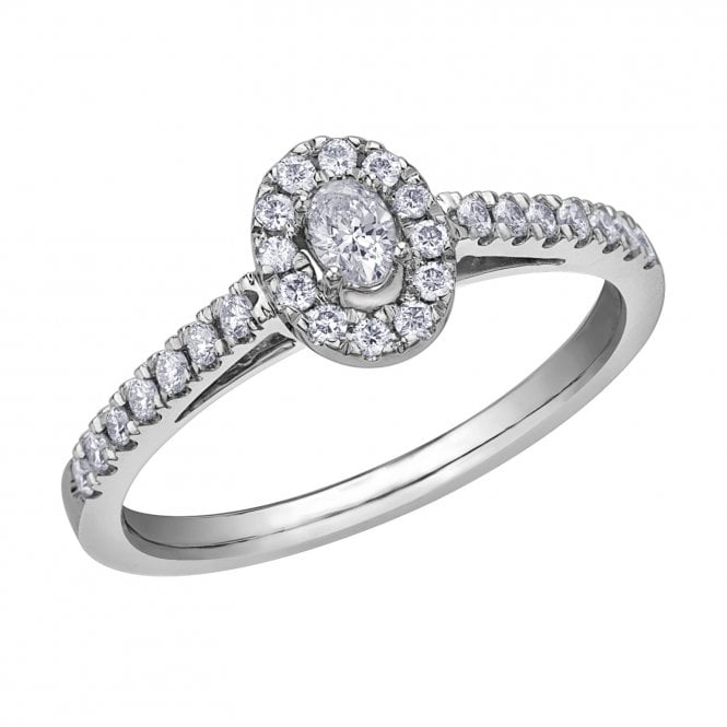 Eternity 9ct White Gold Oval Shape Solitaire Diamond Halo Ring Set With Diamond Shoulders
