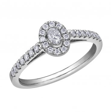 9ct White Gold Oval Shape Solitaire Diamond Halo Ring Set With Diamond Shoulders