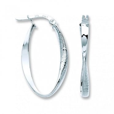9ct White Gold Oval Twisted Creole Hoop Earrings