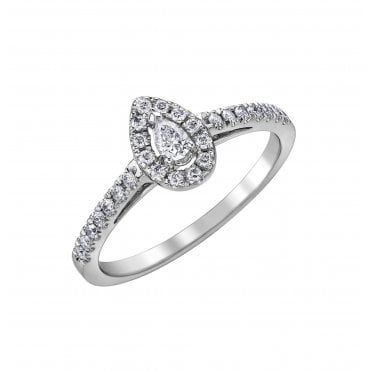 9ct White Gold Pear Shape Solitaire Diamond Halo Ring Set With Diamond Shoulders