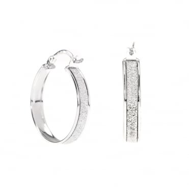 9ct White Gold Round Stardust Creole Hoop Earrings