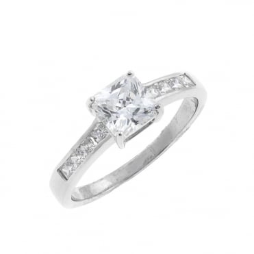 9ct White Gold Square Cubic Zirconia Solitaire and Shoulder Set Ring Size L