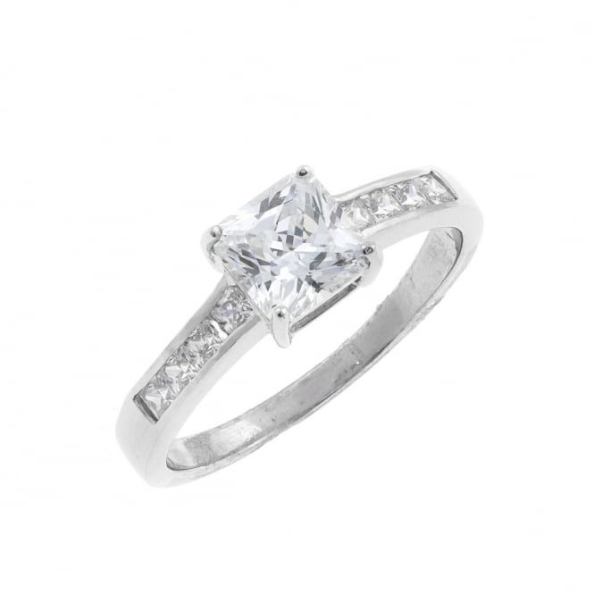 Eternity 9ct White Gold Square Cubic Zirconia Solitaire and Shoulder Set Ring Size R