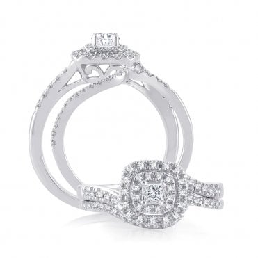9ct White Gold Square Diamond Halo Starburst X/O Bridal Set