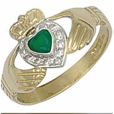 9ct Y Green CZ Claddagh Ring L