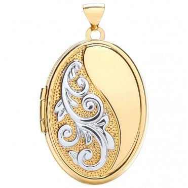 9ct Yellow Gold 2 Colour Large Half Engraved Oval Locket & 16" Chain