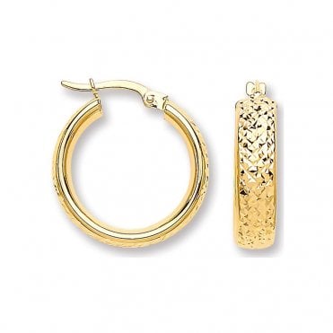9ct Yellow Gold 20mm Diamond Cut D-Shape Hoop Earrings