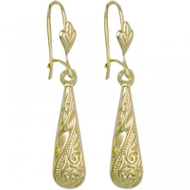 9ct Yellow Gold Fancy Engraved Bomber Drop Earrings